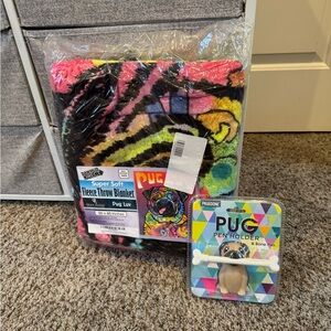 Pug Luv Super Soft Fleece Throw Blanket - Bright Rainbow Pug Print  & Pen Holder